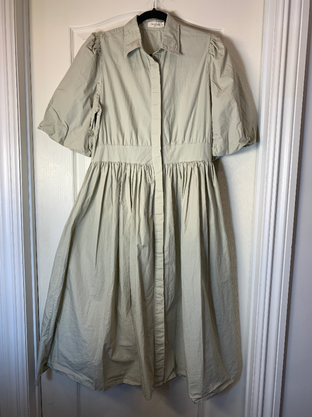 SensUniq Paris Cotton Puff Sleeve‎ Midi Dress Beige Tan Cottagecore L